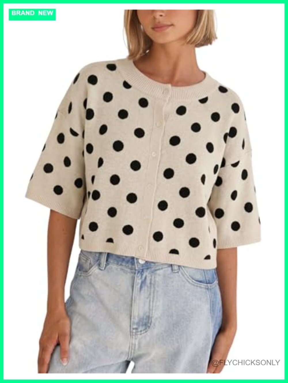 Women's Cropped Polka Dot Cardigan Short Sleeve Button Front Knit Sweater Top